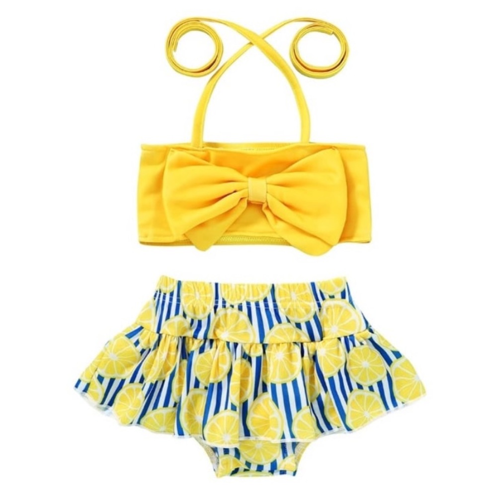 Yellow Bow Bikini Set with Lemon Print